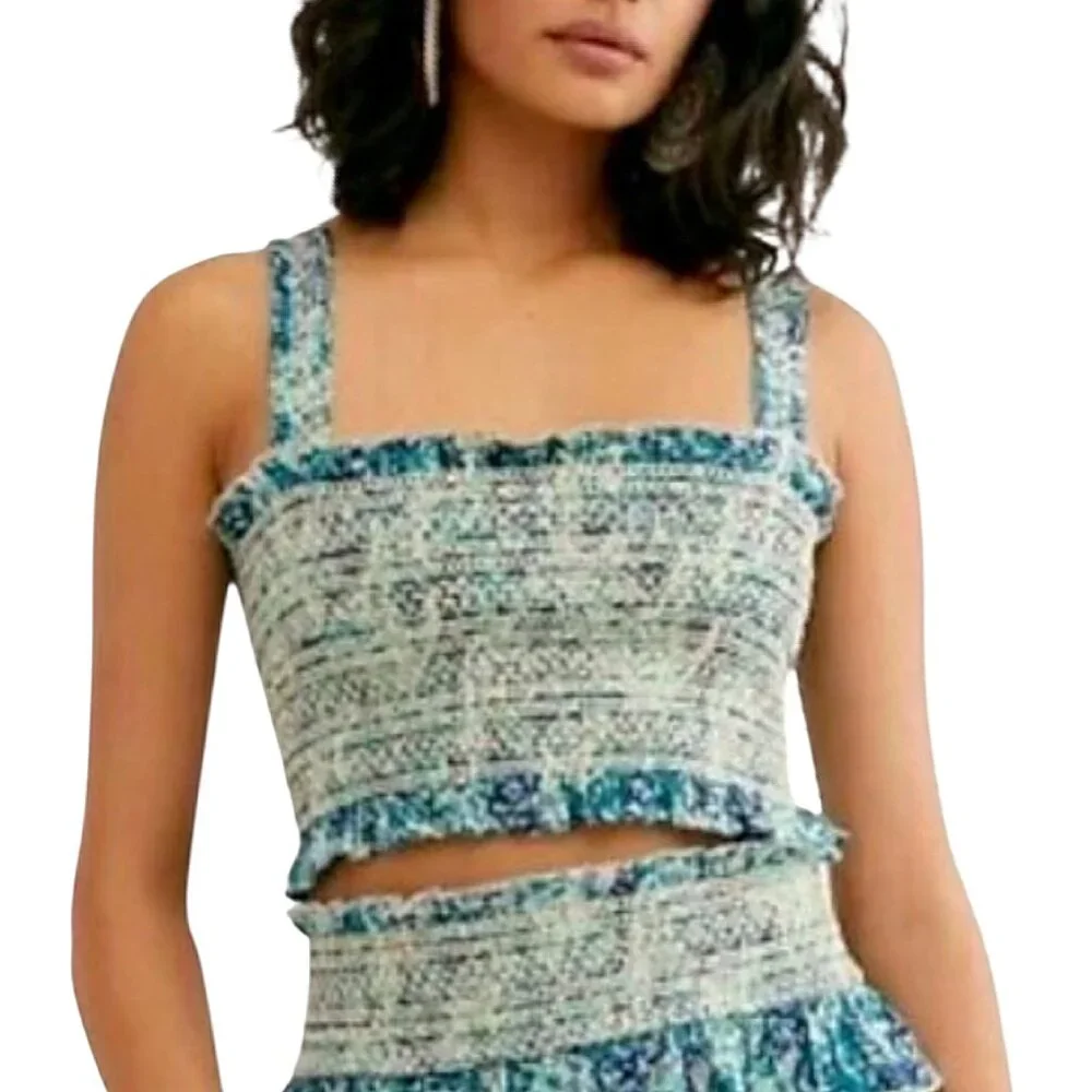 Free People Thalia Ruched Crop Top Sleeveless Square Neck Blue Purple Print - L